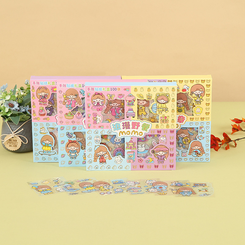 Children's Full Set Of100 Cute Handbook Stickers Decorative Gift Box Diy Cartoon PETMaterial Stickers Set Girly Heart