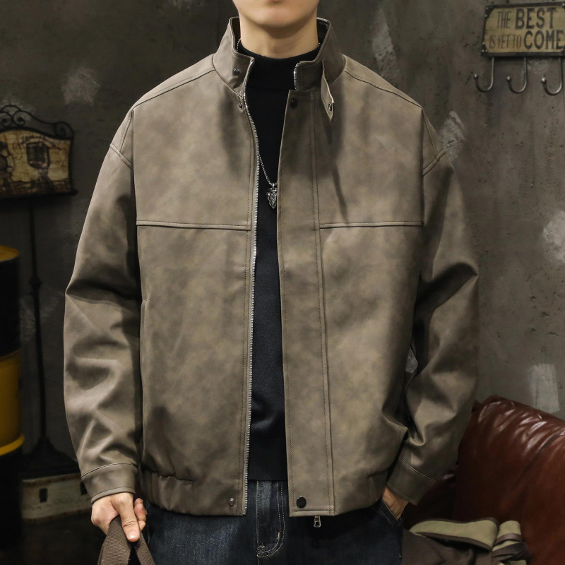 American Style Retro Leather Jacket Men's Trendy High-end Nostalgia Smoke Grey Casual All-match Men's Riding Motorcycle Jacket