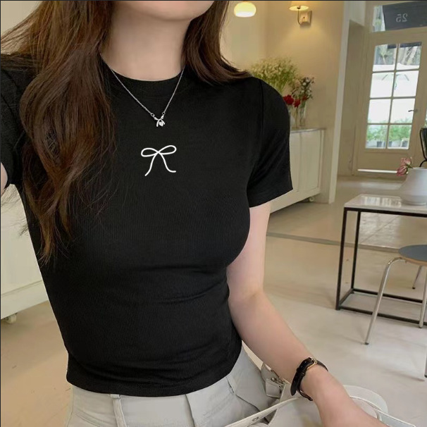 Camiseta de manga corta de mujer Slimming Bow Black