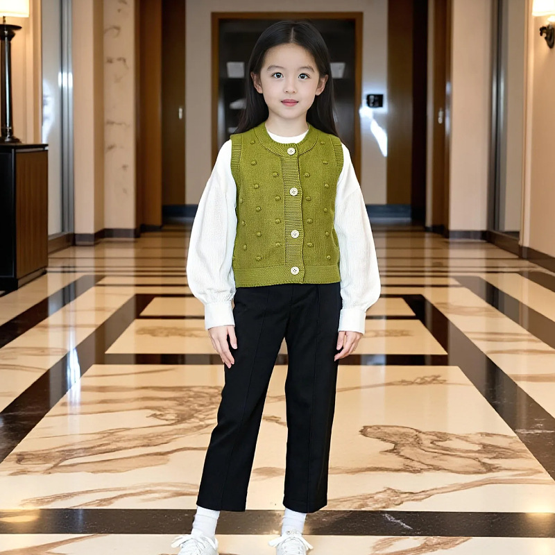 2025春秋款女宝宝马甲针织可爱泡泡花边毛衣背心毛织开衫甜美女童|undefined