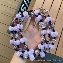 紫色毛球时尚可爱HelloKitty斜跨手机链变色串珠长款包包链钥匙扣