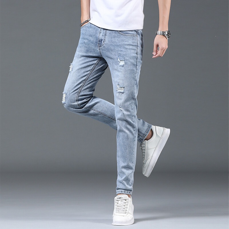 Multiple Styles of Stretchy Slim-Fit Skinny Jeans for Teenagers, Quality Light-Colored Men's Jeans, Spring and Autumn Korean Style Men's Clothing with Slight Stretch