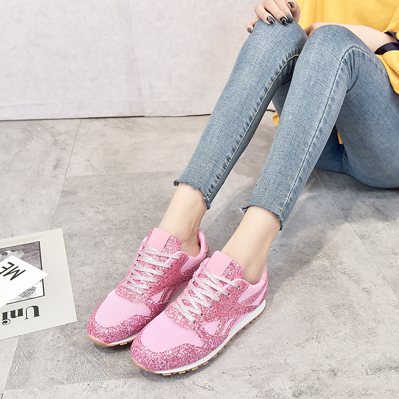 Foreign Trade Cross-Border Large Size Flats for Women 2024 Summer New Style Platform Sequined Pure Color Mesh Lace-Up Casual Sports Shoes
