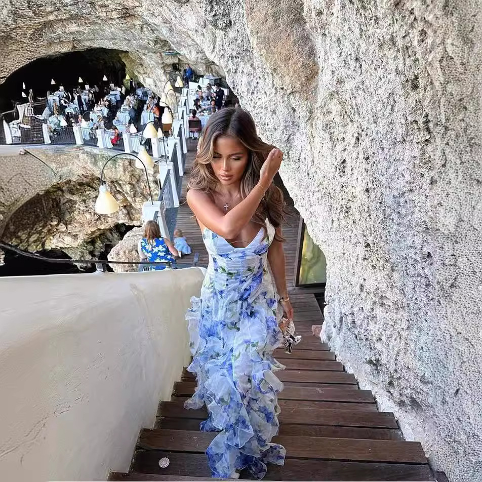 Mid Waist Waist Line Wholesale Women's Elegant Vacation Printing Flower Casual Holiday V Neck Strap Sleeveless Chiffon Dress