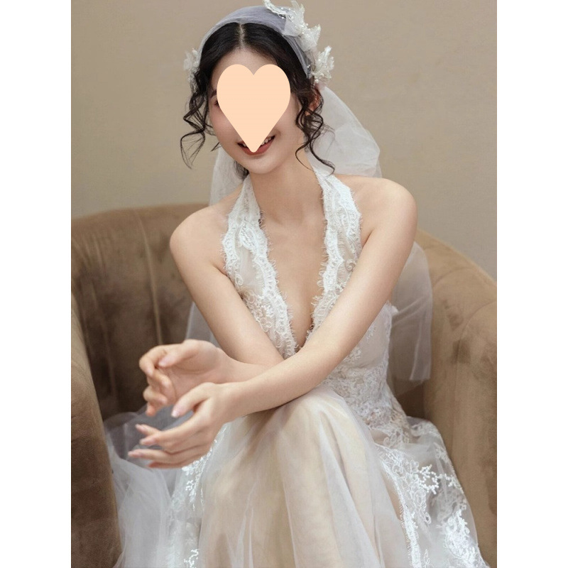 Abito da sposa vintage francese in pizzo leggero, stile foresta, di alta qualità, con colletto e scollo all'americana, per fidanzamento_voghion.com