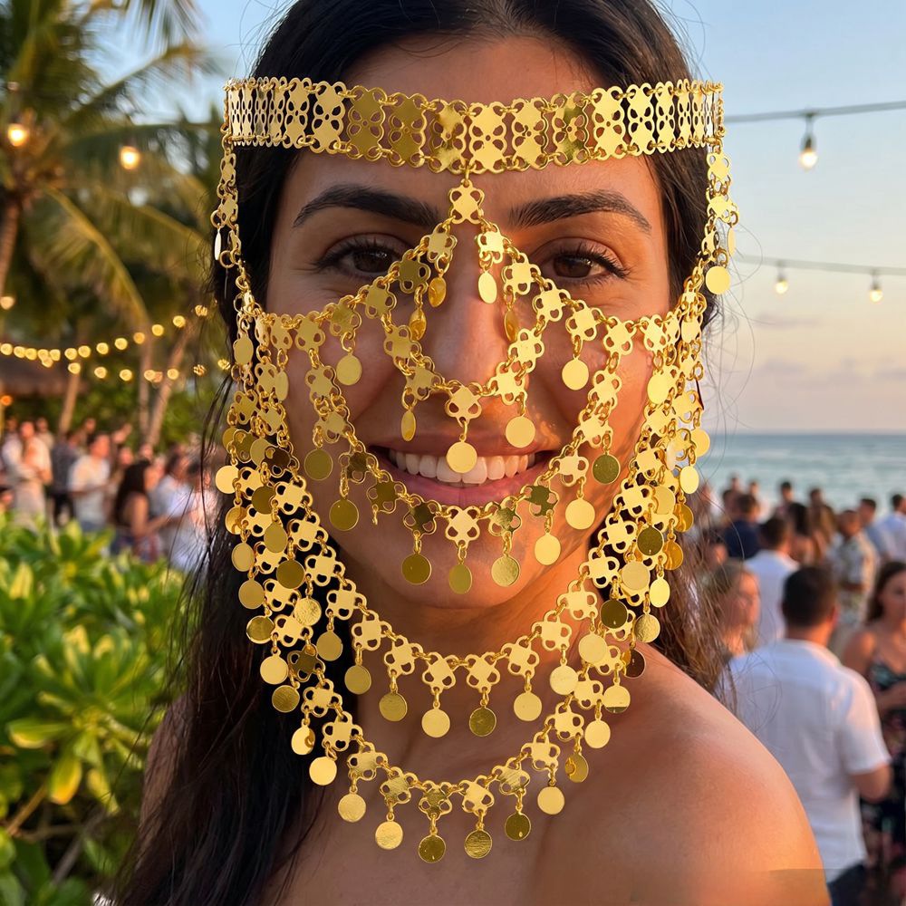 Exotic style gold disc tassel headband, Middle Eastern metal headpiece, party stage photo shoot dance accessory