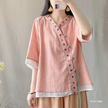 夏季中式复古棉麻斜襟盘扣汉服刺绣禅意衬衫改良茶服宽松领上衣