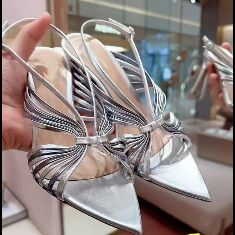 2026 New Style Silver Pointed Toe Stiletto High Heel Sandals for Women, European and American Style, Lace-Up, Hollow-Out, Fashionable, Sexy Party Shoes