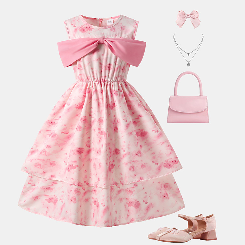 Girls' dress 2025 Summer New Korean Style Middle and Big Children Stitching Bow Sweet Floral Double Princess Dress