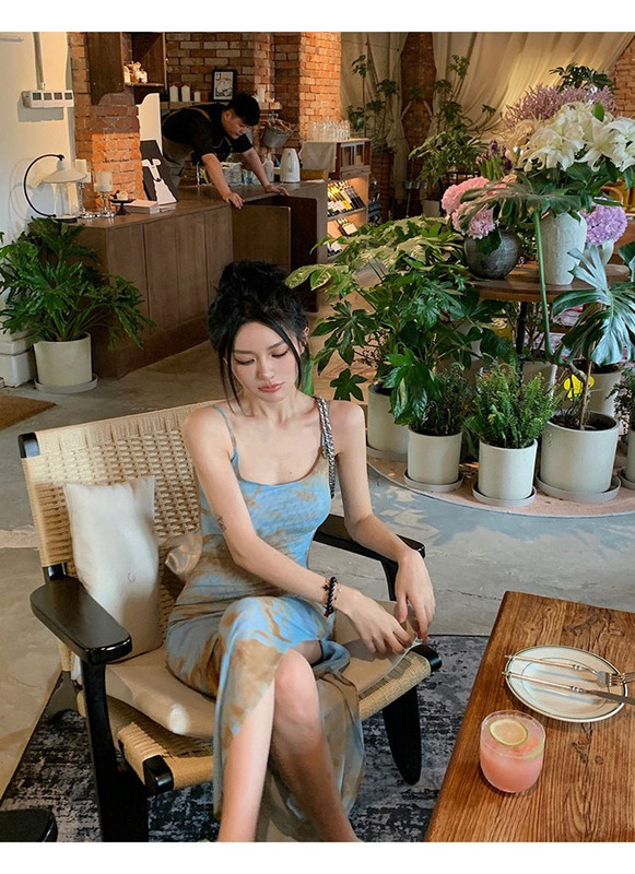 Blue Sling Spice Girl Dress Women's Summer New Tie-Dye Sexy Style Design Split Hip Long Dress Blue Sling Spice Girl Dress Women's Summer New Tie-Dye Sexy Style Design Split Hip Long Dress