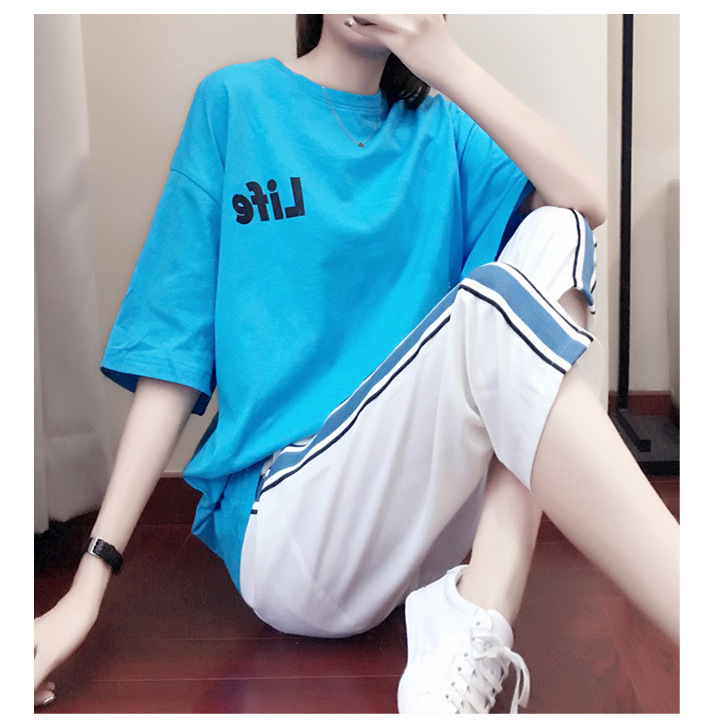 Summer Sports Women's Loose Casual Comfortable Printed Short Sleeve T-Shirt Color Block Jogger Nine-point Pants_voghion.com