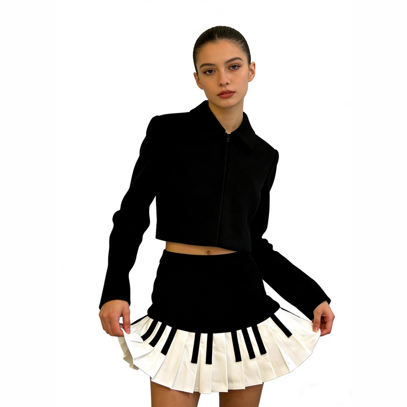 Foreign Trade Wholesale High-Waisted Trendy Black and White A-Line Skirt 2025 Autum New Cross-Border Piano Key Contrast Pleated Skirt