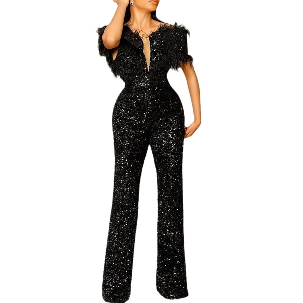 Mono de lentejuelas con cola de pez, sexy, entallado, con escote profundo en V y plumas, estilo europeo y americano, nueva colección transfronteriza de primavera/verano 2025 para mujer.
