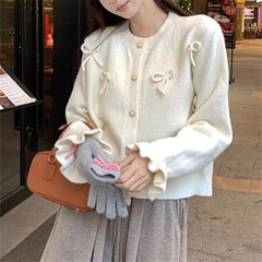 韓国デザインのリボンベルスリーブセータージャケット女性のための 2025 春の新しいルーズで甘いニットカーディガン