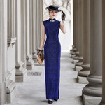 走秀旗袍2026新款改良版无袖亮钻蓝色演出新中式长款表演礼服显瘦