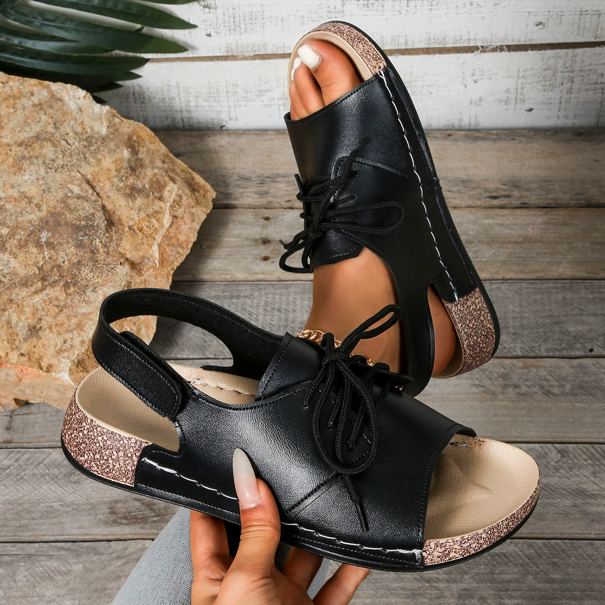 Женские босоножки на платформе лето 2025, новая модель, на шнуровке, с открытым носком, на толстой подошве, на липучке