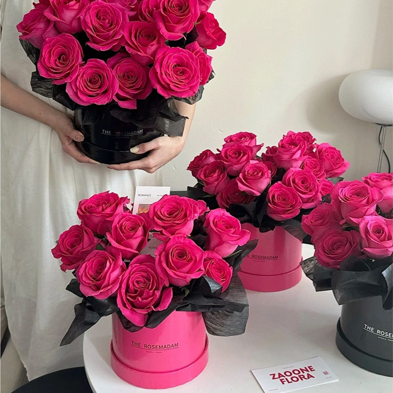 抱抱桶花桶亮面玫红套二银色镜面玫瑰花艺包花空盒情人节礼物花盒