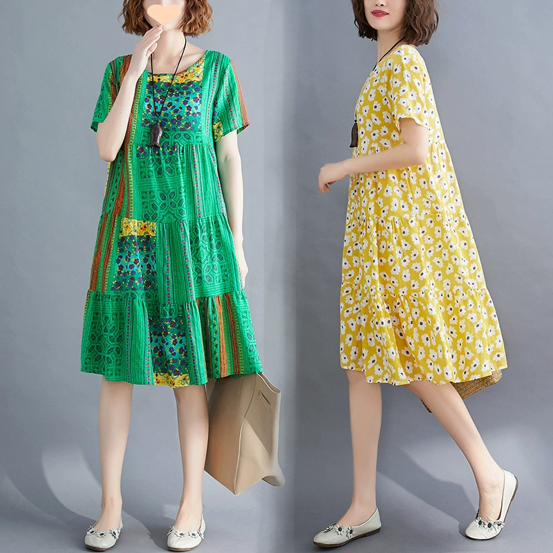 Платье из хлопка и льна, закрывающее живот, для женщин, лето 2025, новое китайское платье с цветочным принтом и короткими рукавами, свободная юбка средней длины большого размера для похудения