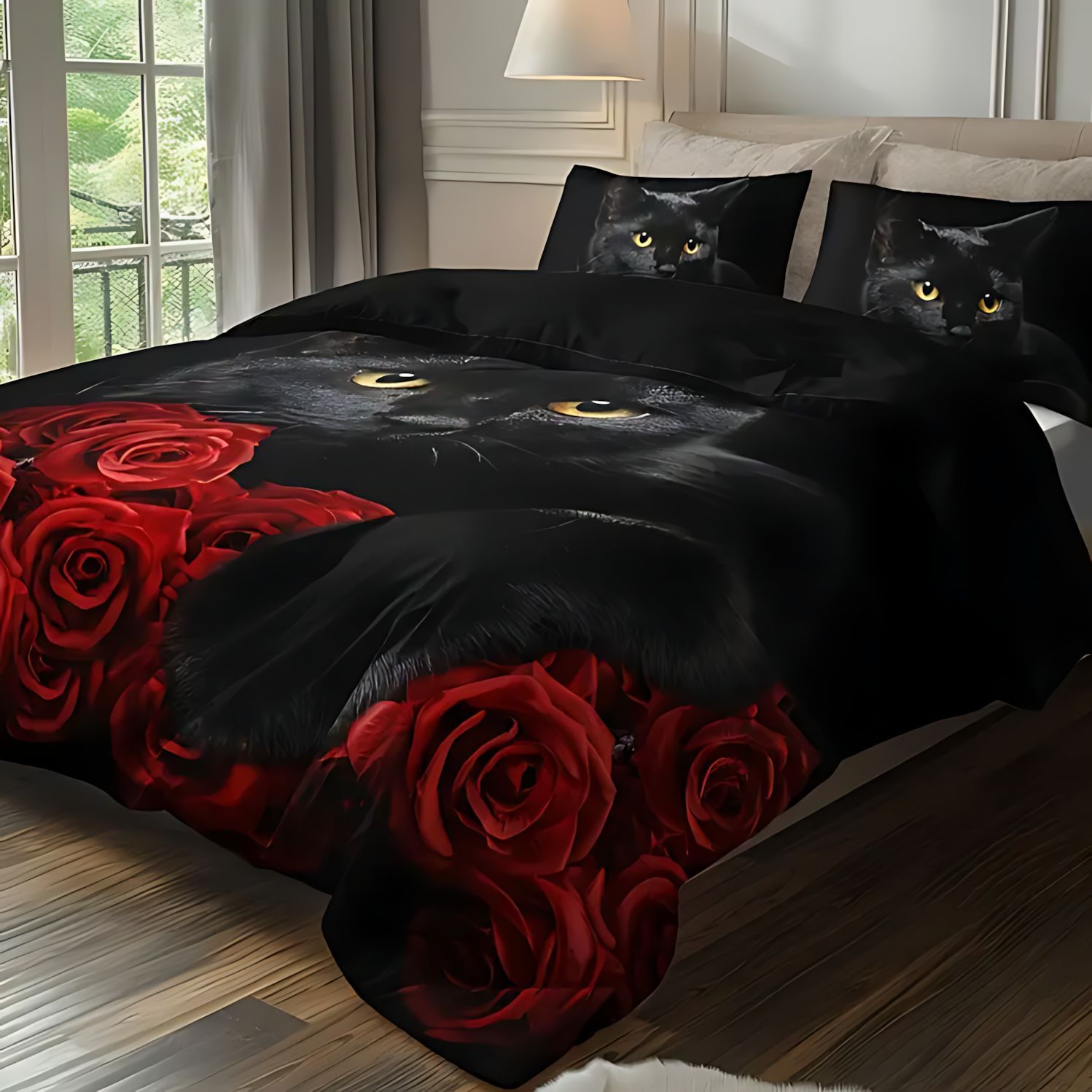 TEMU / JIT transfronterizo gato negro animal impresión digital 3D suave colcha de cama set fuente fabricante