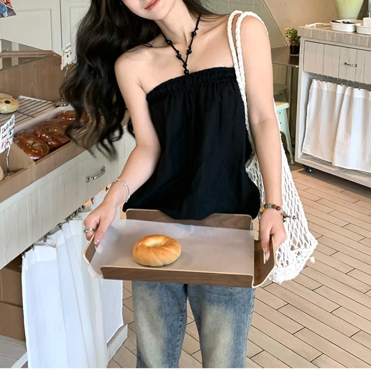 Áo croptop nữ đính cườm cổ yếm, thiết kế dáng nụ hoa ngắn, phong cách Hàn Quốc — màu đen chi tiết 2
