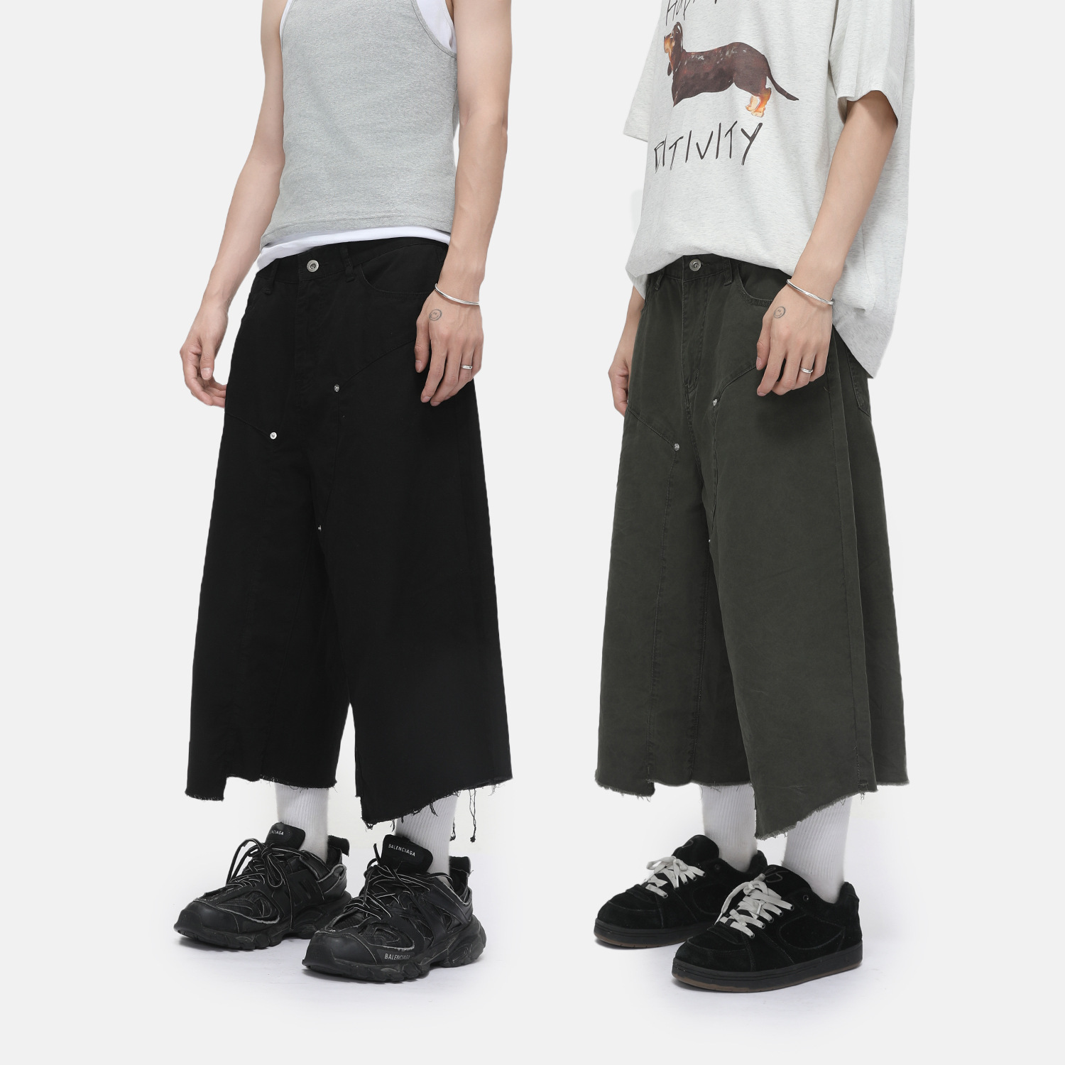 Mtlclothes Men's Clothing | American Workwear Logging Raw Edge Pure Cotton Loose Simple Three-Quarter Denim Casual Pants Trendy