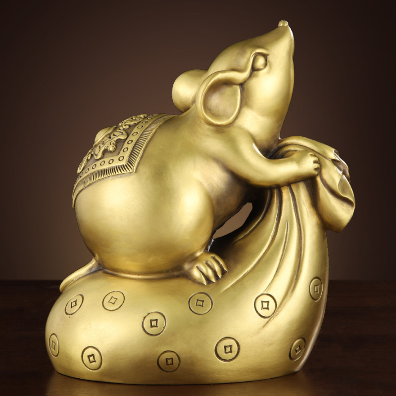铜老鼠摆件吉祥物五鼠运财纯黄铜生肖鼠客厅家居办公室装饰工艺品