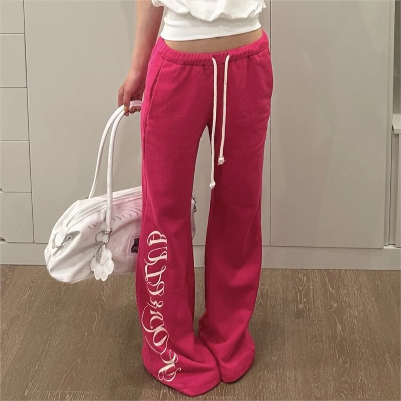 American-style spicy girl dragon fruit casual pants for women, high-waisted Y2K slimming, drapey, stretchy, wide-leg pink letter print sweatpants