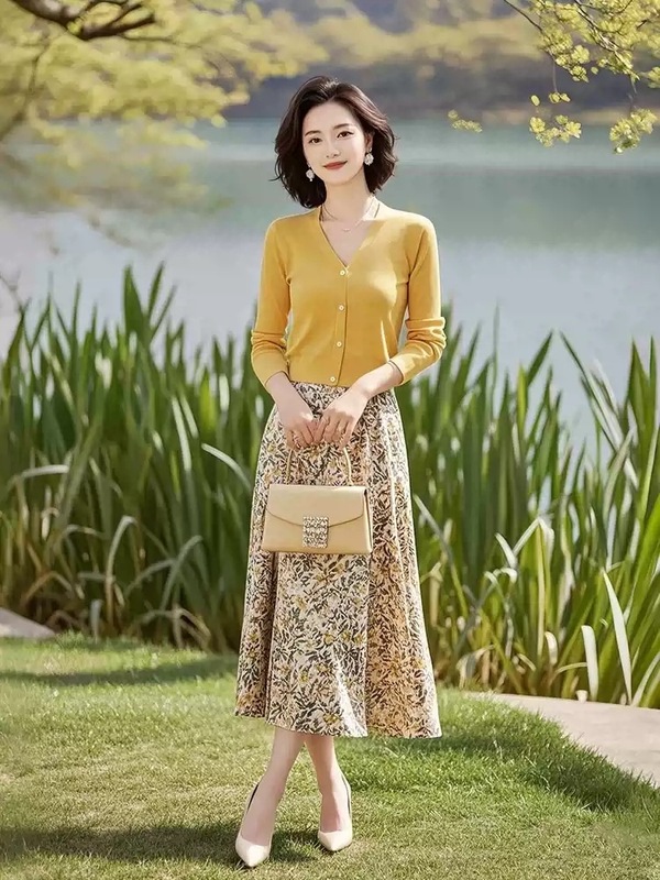 小个子黄色针织衫碎花半身裙两件套女2025春季新款超好看时尚套装|undefined