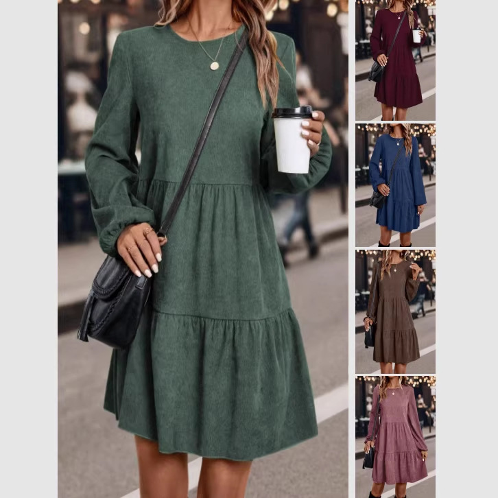 Amazon Cross-Border Export 2025 Autumn and Winter New European and American Clothing Corduroy Long-Sleeved Pure Color Round Neck Dress for Women