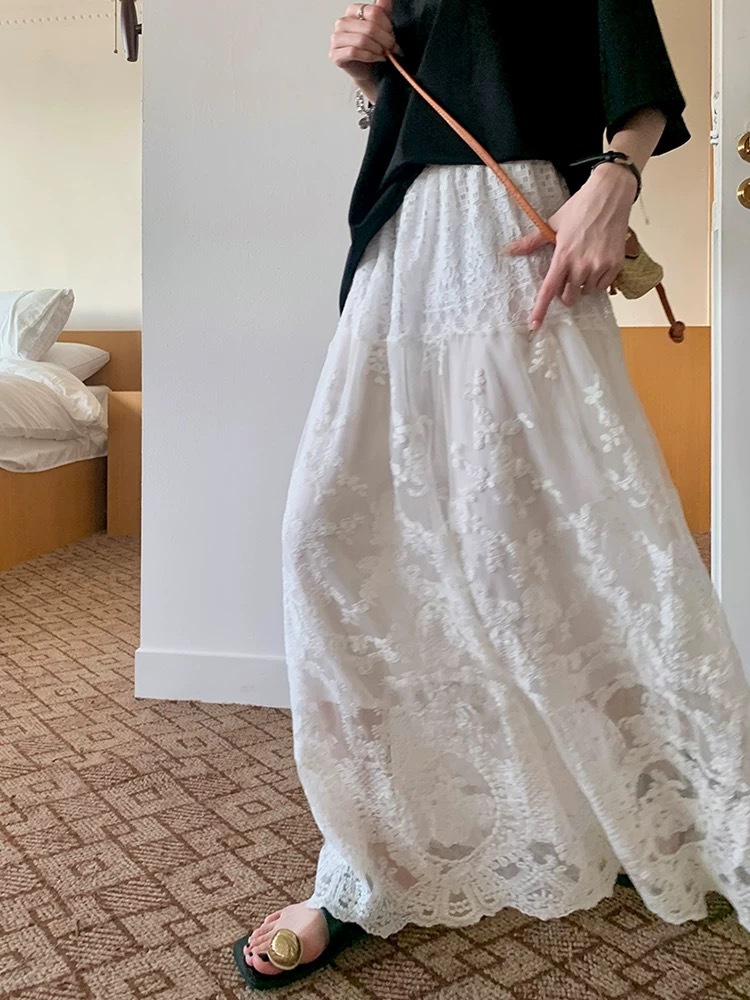 Long demi-season white lace summer fitted long skirt