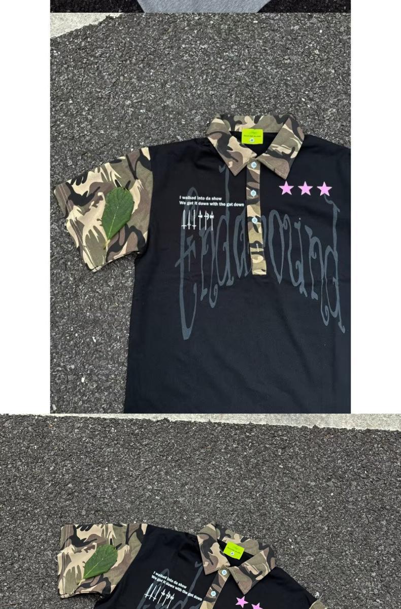 Men's Clothing Men's Hip Hop Camouflage Patchwork Collared Short Sleeve T-Shirt Trendy Streetwear Loose Fit Casual Five Quarter Sleeve For Couples_viptrois.com