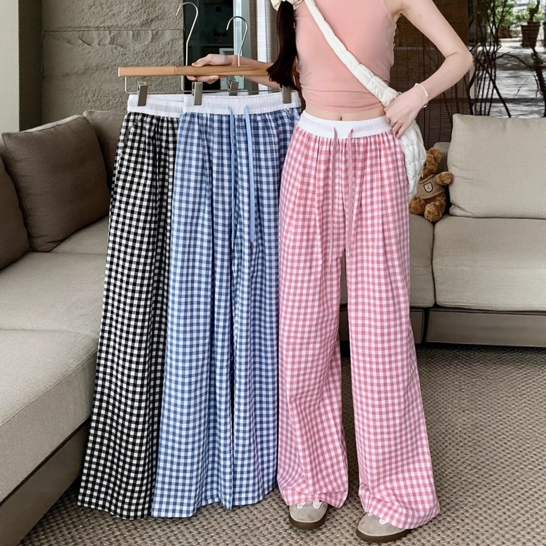 Pantalones a cuadros perezosos de dopamina de color en contraste para mujer, estilo fino de verano, cintura alta, cordón suelto, pantalones anchos de caída rosa casuales