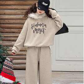 女童加绒套装秋冬季中大童毛毛帽衫秋冬新款纯色洋气长袖两件套潮