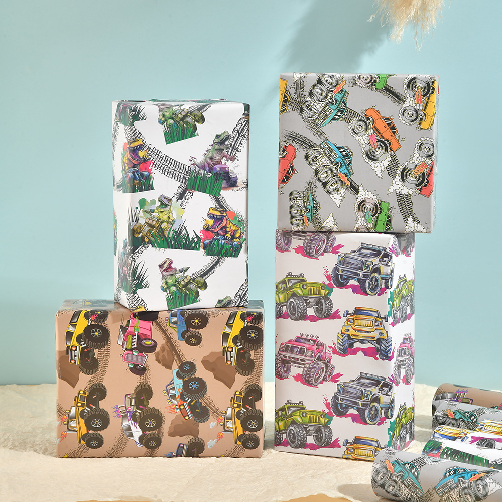 Amazon nuevo coche de dibujos animados dinosaurio papel recubierto papel de regalo de vacaciones para niños papel de regalo