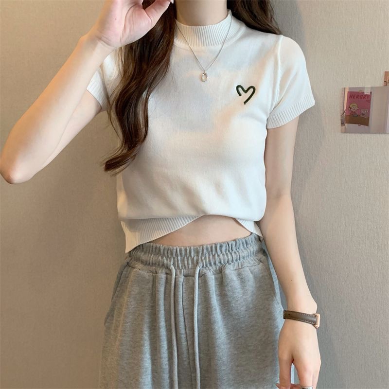 Round neck short sleeve short sweater women's summer thin embroidered slim fit all-match figure-flattering top women's small shirt