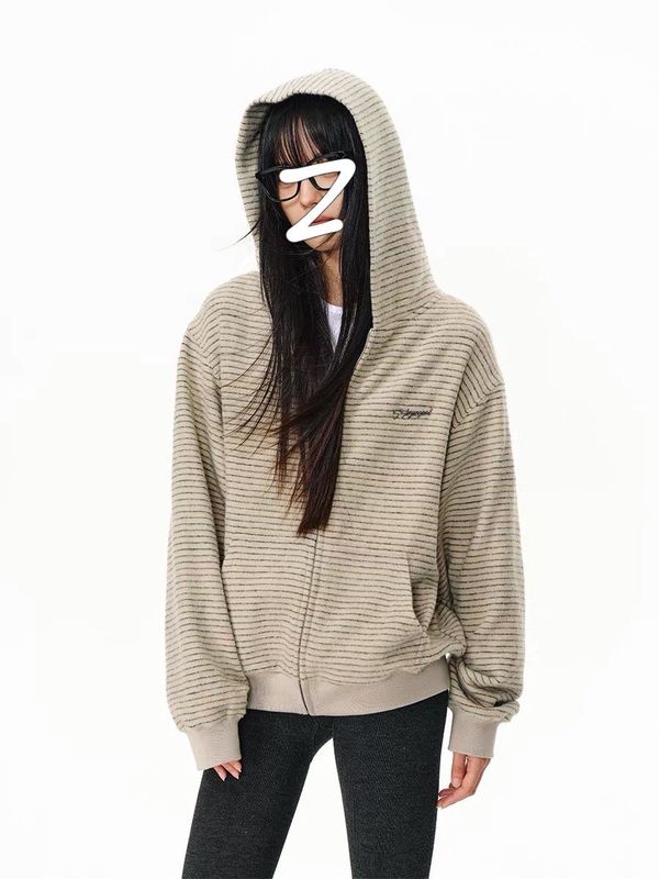 外贸欧美复古条纹卫衣女秋冬宽松慵懒风休闲拉链连帽上衣情侣外套|undefined