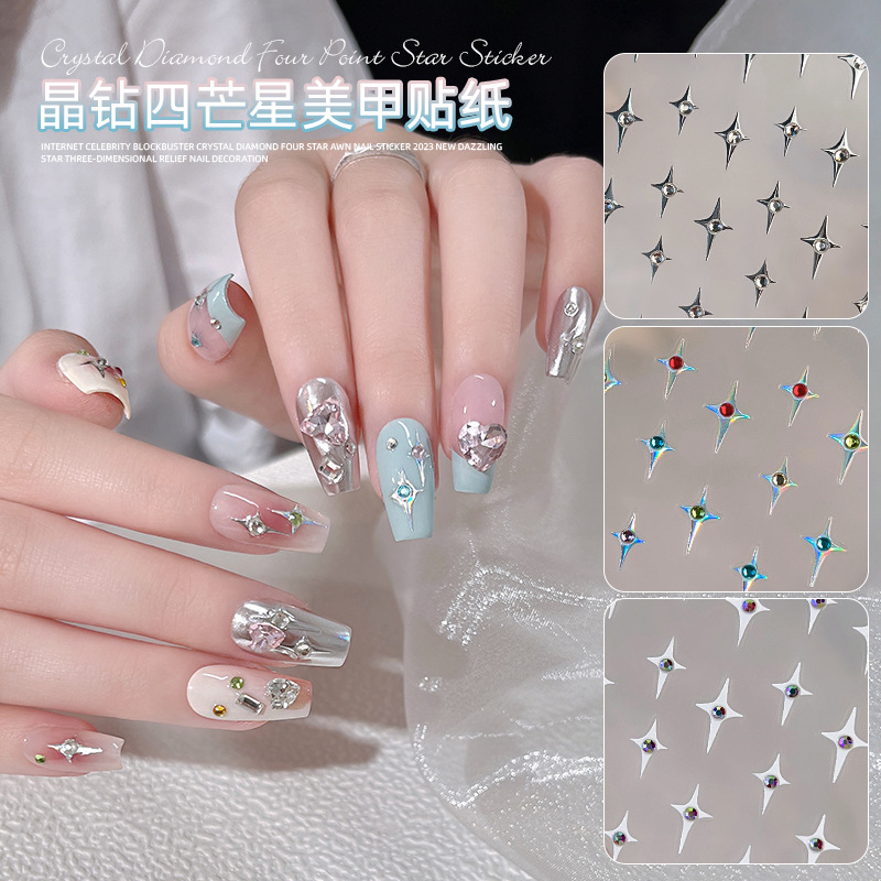 Adhesivos de Uñas con Cristales de Diamante, Diseño de Estrella de Cuatro Puntas, Metálicos, Láser, Iridiscentes, Tridimensionales, al por Mayor
