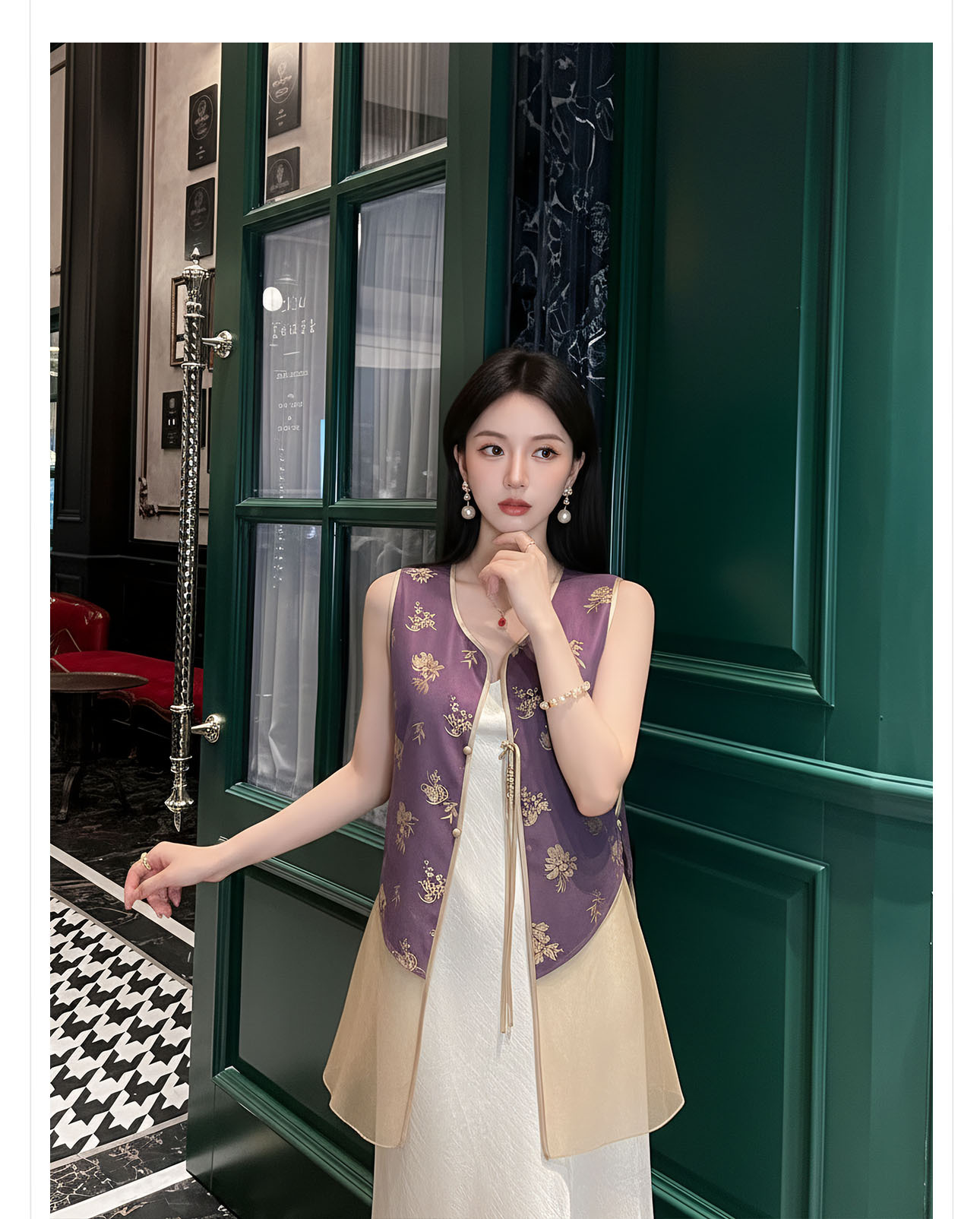 Áo gile nữ phong cách quốc phong phối ren hoa văn vải satin — màu tím chi tiết 8