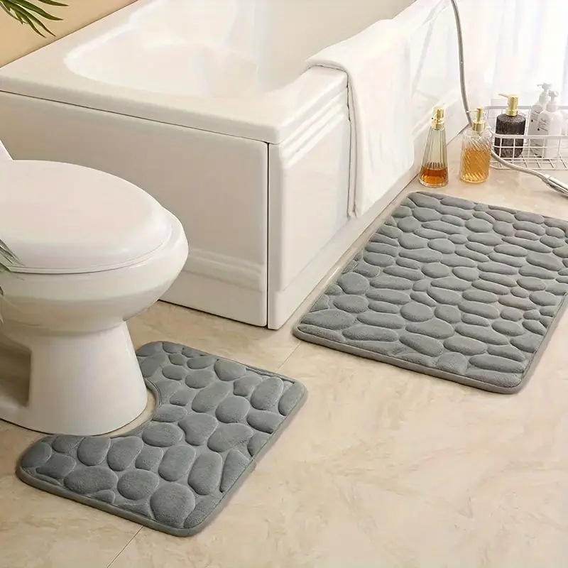 Cross-border Special for Temu Coral Fleece Floor Mat Toilet Non-slip Floor Mat Solid Color Two-piece Pebble Embossed Floor Mat