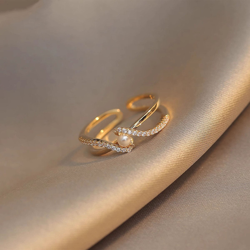 Rising Sun Unique Cross Pearl Ring Women's Advanced Personality Open Finger Ring Light Luxury Elegant Ring New Style