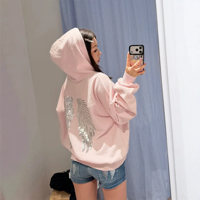 Now Available: H-Style American-Style Pink Sequin Winged Hoodie for Women, Autumn Vintage Thin Fleece Loose Casual Pullover Top Now Available: H-Style American-Style Pink Sequin Winged Hoodie for Women, Autumn Vintage Thin Fleece Loose Casual Pullover Top