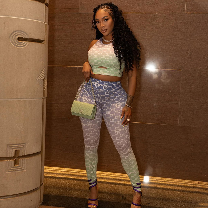 European and American Style Cross-Border Sports Commuter Women's Hollow Slim Printed Pants Suit Vest Top Slim Pants Two-Piece Set