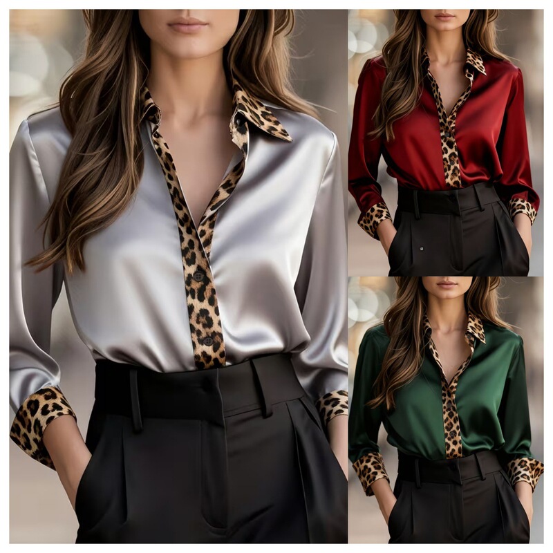 Amazon Independent Station Cross-Border New Spring & Fall Work Clothing Slim Long-Sleeved Leopard Print Splicing Satin Shirt for Women