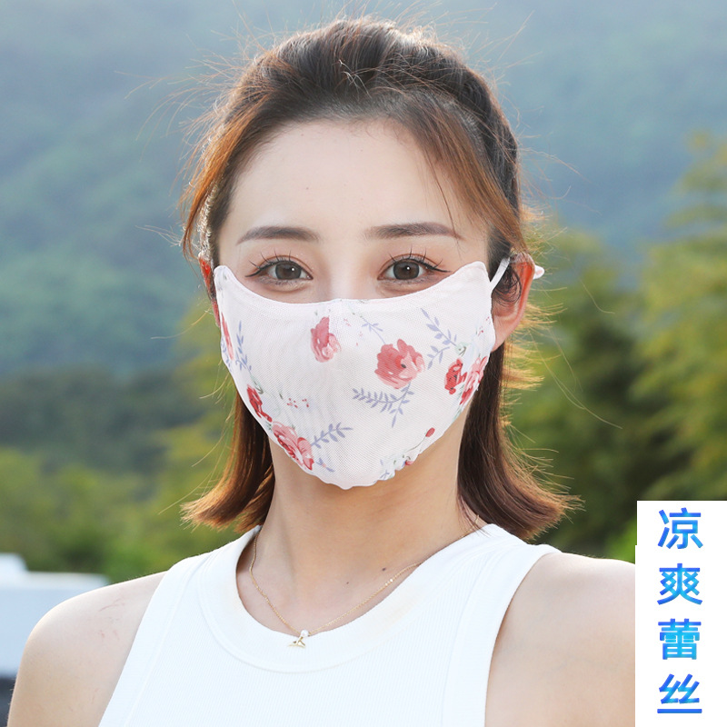 夏季防嗮透氣護眼角蕾絲印花冰絲薄款面罩立體涼感3D可愛