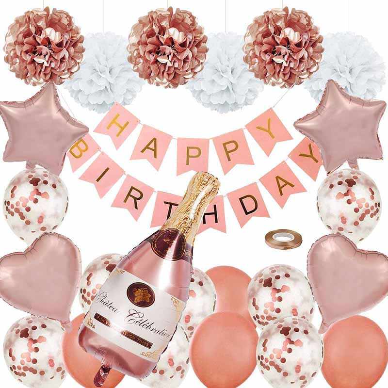 玫瑰金纸花球鱼尾生日快乐字母气球套餐酒瓶生日派对装饰