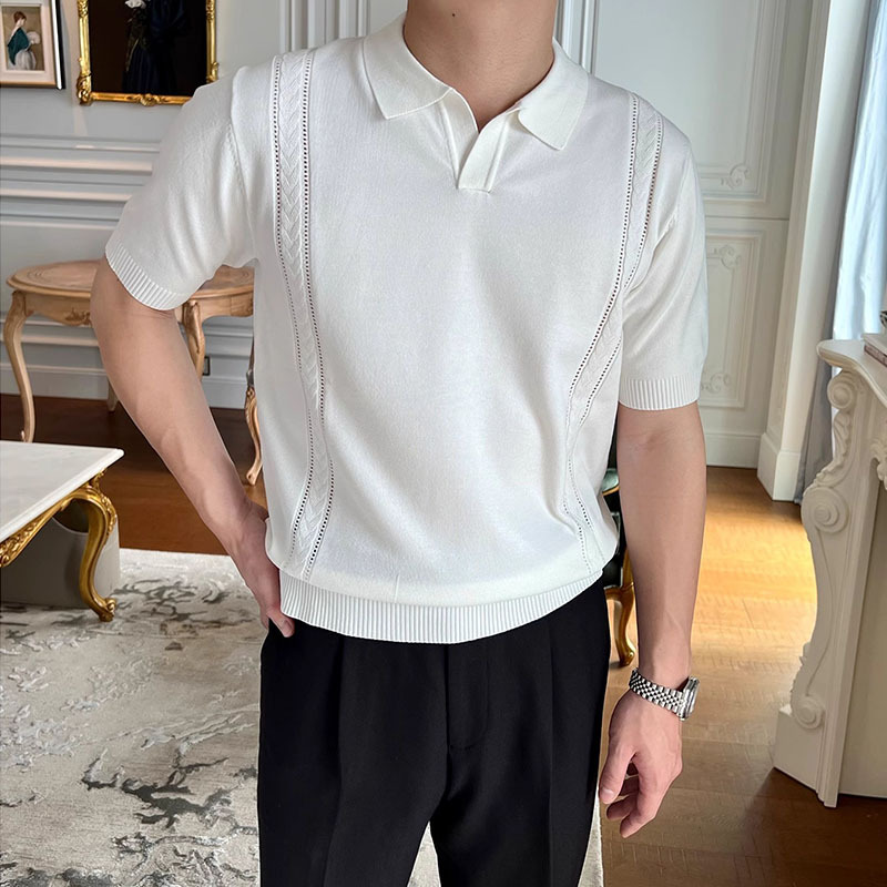 Summer New Style Ice Silk Knit Short-Sleeve Men's Polo Shirt, Light and Mature Business Style, Turn-Down Collar, V-Neck, Export Cross-Border Wholesale
