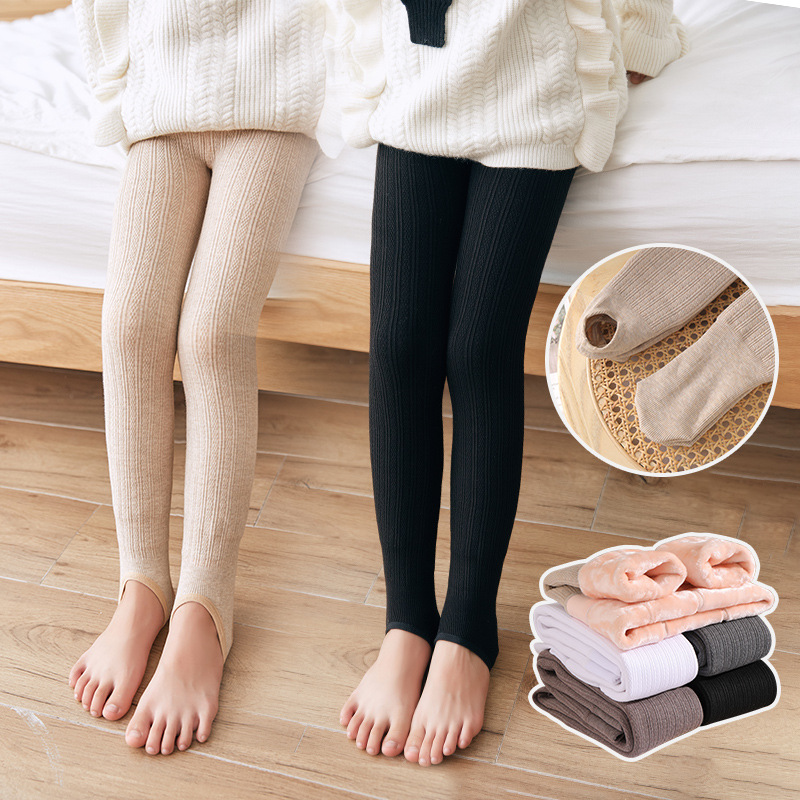 Winter and Spring Fleece Lined Thick One-Piece Children's Pantyhose for Girls, White Footed Ribbed Leggings Underwear