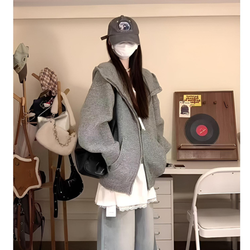 秋冬新款复古针织开衫毛衣外套女宽松连帽百搭慵懒设计上衣春秋款|undefined