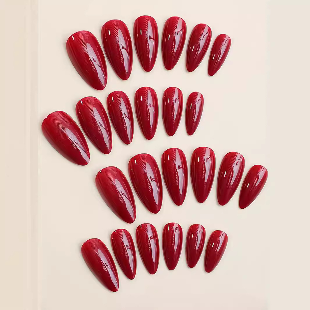 Uña al por mayor de estilo medio largo vino rojo simple de color sólido pegatinas de uñas falsas transfronterizas inswind 24 piezas de piezas de uñas