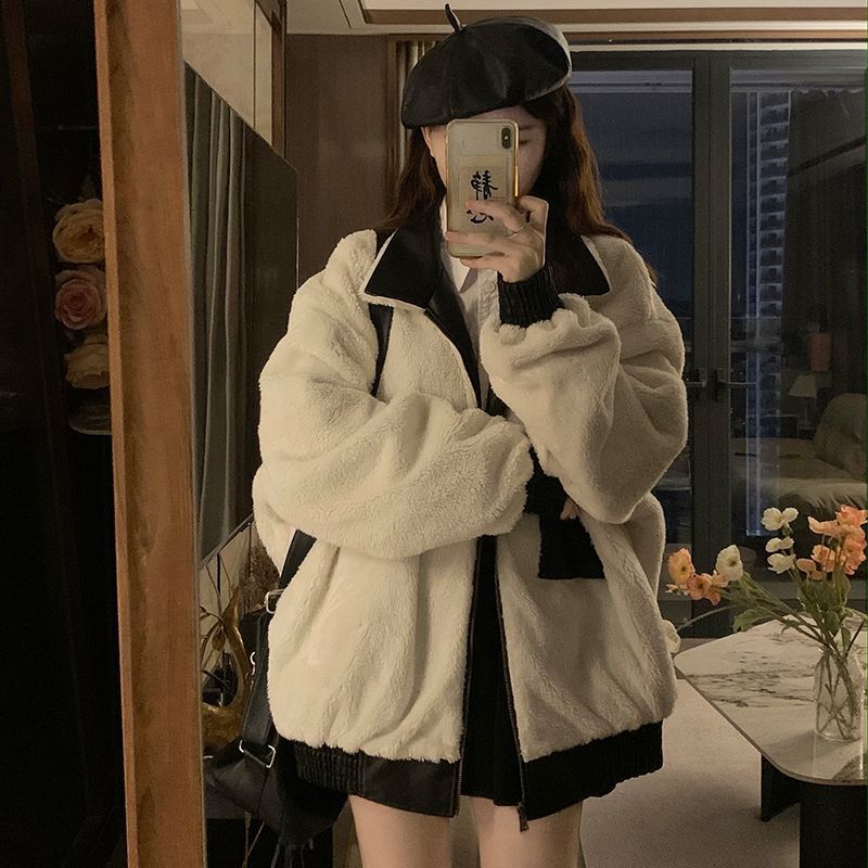 American Retro Black Lamb Wool Reversible Pu Leather Jacket for Women Winter Loose Thickeneded Cotton Motorcycle Jacket Trendy